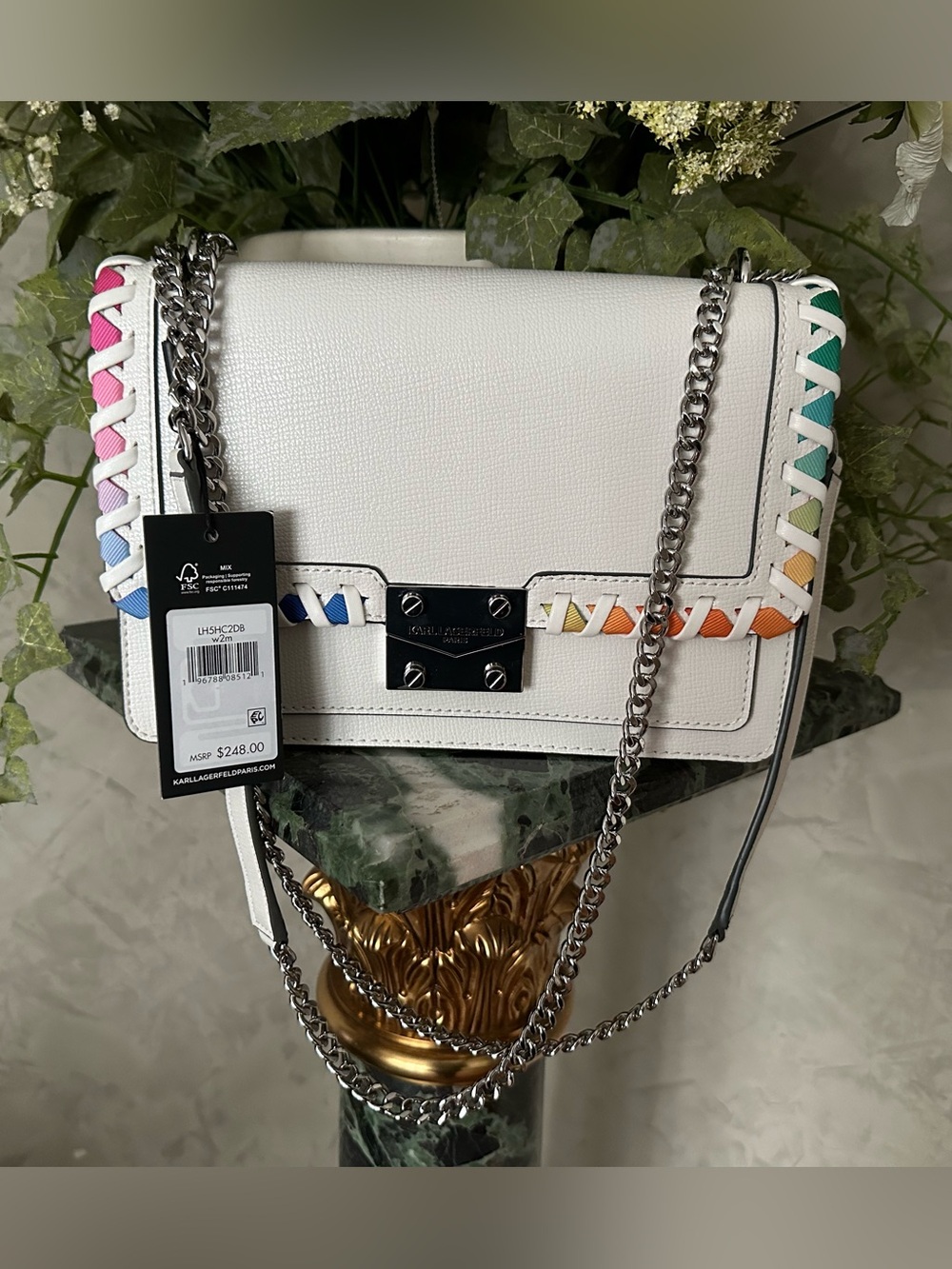 Karl Lagerfeld White Leather Crossbody with Rainbow Braided Trim